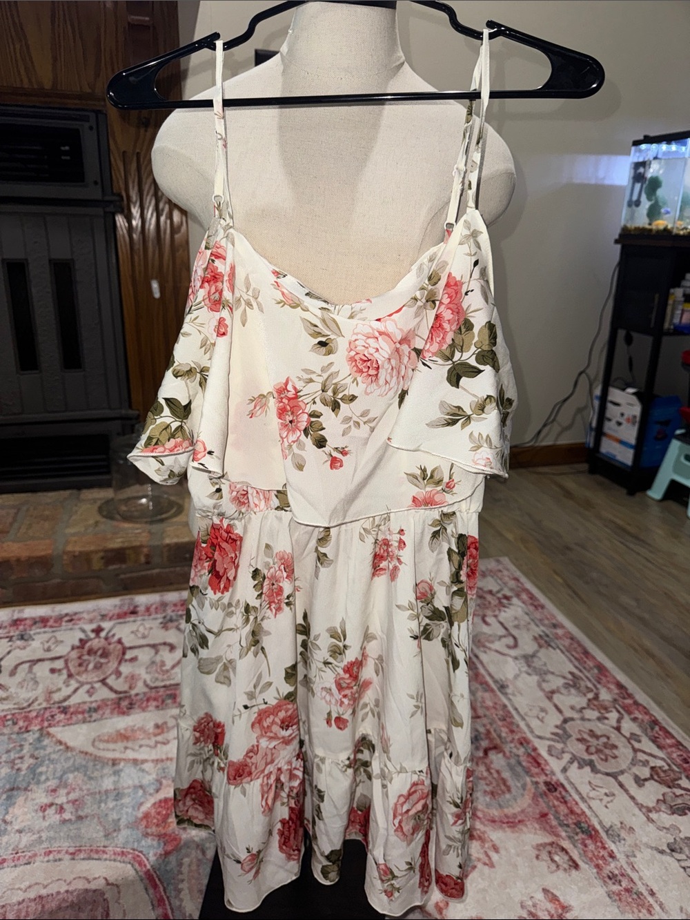 SHEIN White Mini Dress with Pink Rose Print